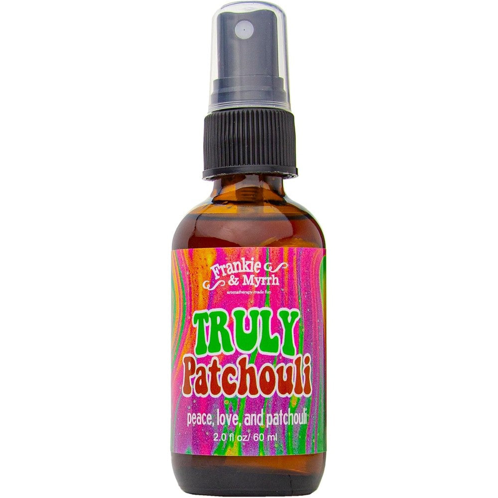 Frankie & Myrrh Truly Patchouli Aromatherapy Spray bottle front view for relaxation.
