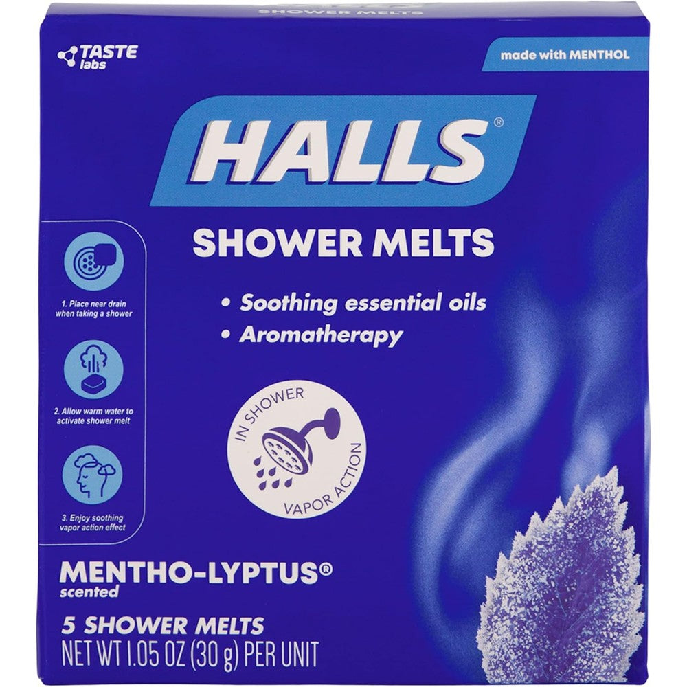 Halls Soothing Shower Melts Mentho-lyptus front packaging 5 count for sinus relief.