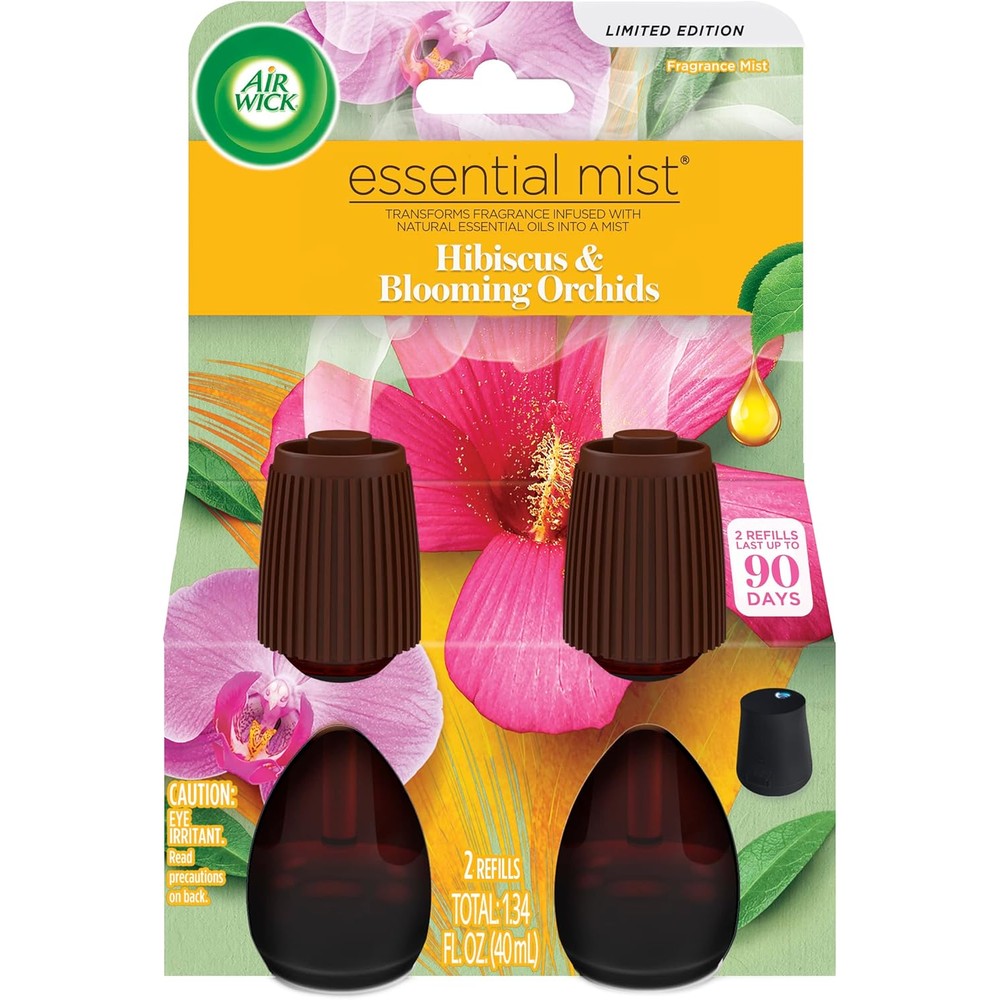 Air Wick Essential Mist Refill Hibiscus and Blooming Orchids front view of twin pack.