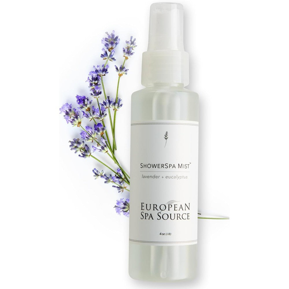 European Spa Source Lavender and Eucalyptus ShowerSpa Mist 4 fluid ounce bottle front view for aromatherapy