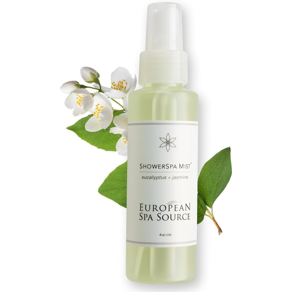 European Spa Source Jasmine and Eucalyptus Shower Spa Mist front view for aromatherapy.