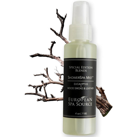 European Spa Source Special Edition Eucalyptus Wood Smoke and Leather ShowerSpa Mist bottle front view