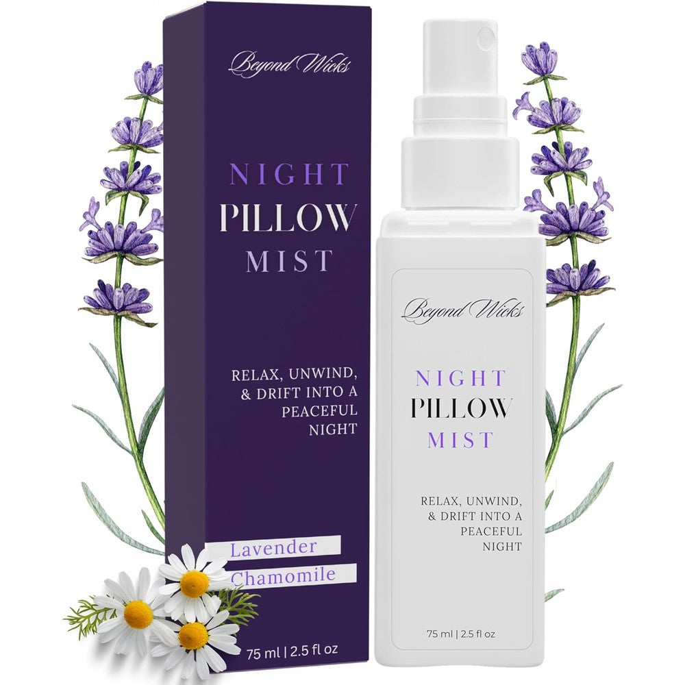 Beyond Wicks Lavender Chamomile Pillow Spray front view bottle and packaging for sleep aid.