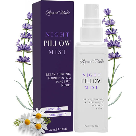 Beyond Wicks Lavender Chamomile Pillow Spray front view bottle and packaging for sleep aid.