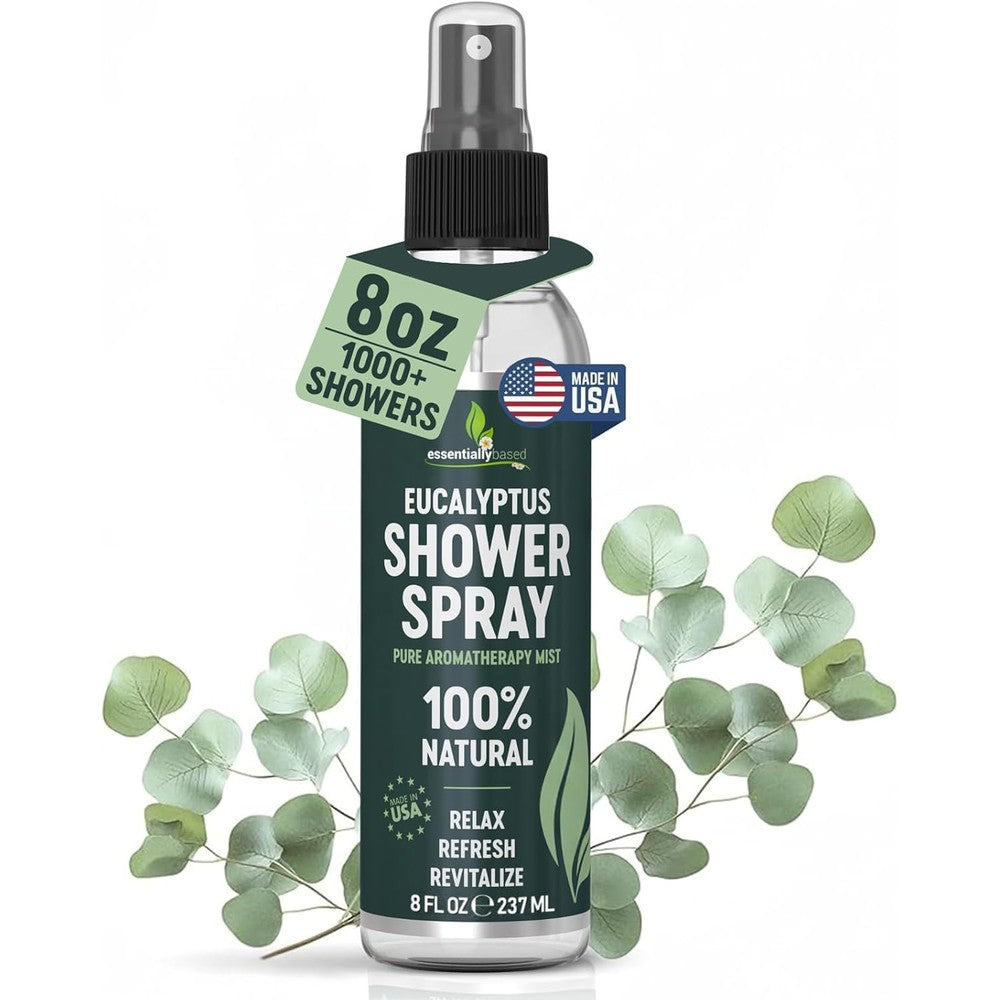 EssentiallyBased Pure Eucalyptus Shower Spray front view for aromatherapy