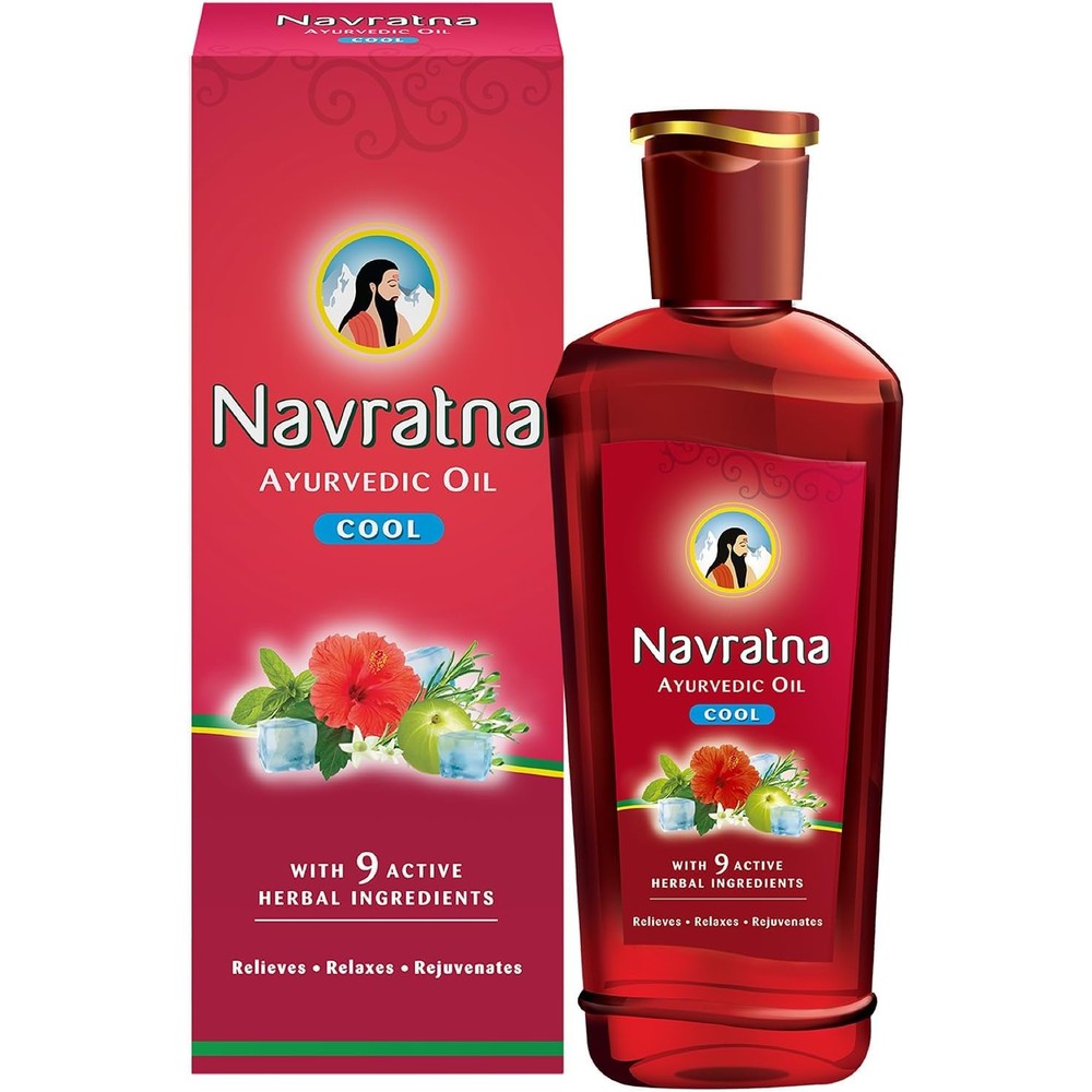 Navratna Ayurvedic Cool Oil front view packaging for stress relief.
