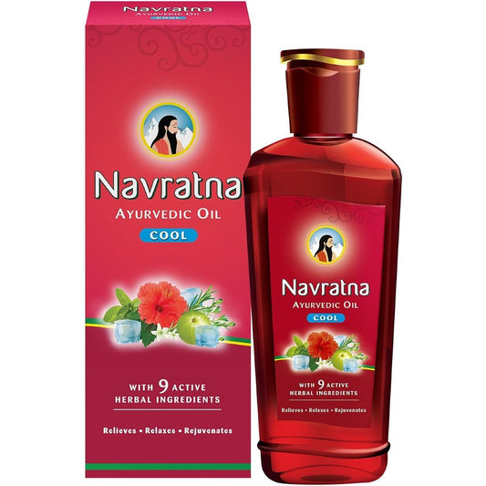 Navratna Ayurvedic Cool Oil front view packaging for stress relief.