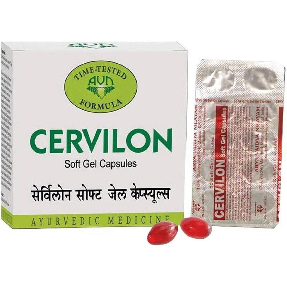 AVN Ayurveda Formulations Cervilon Soft Gel Capsules 20 count pack for neck pain relief.