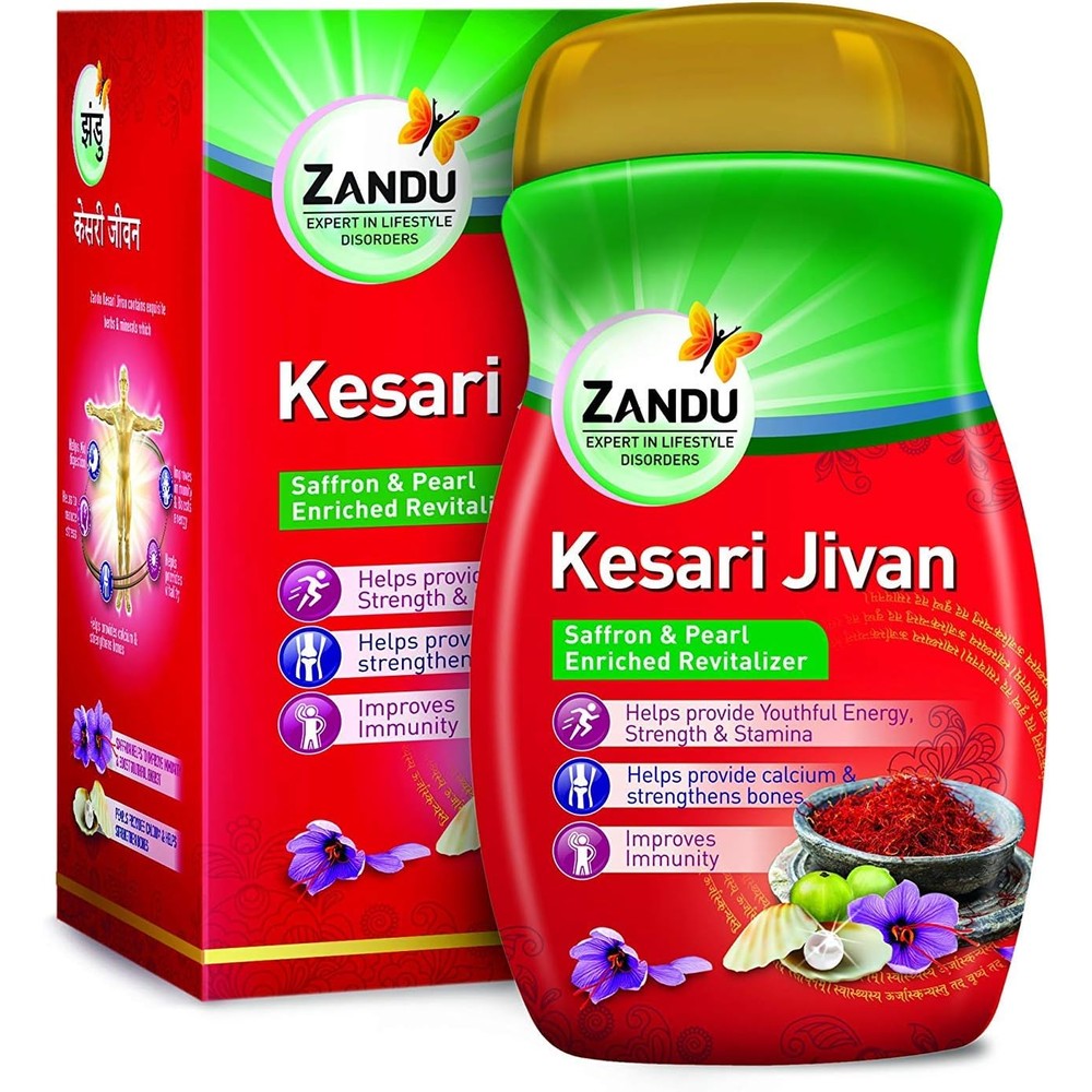 Zandu Kesari Jivan 900g jar front view showing saffron and pearl ingredients.