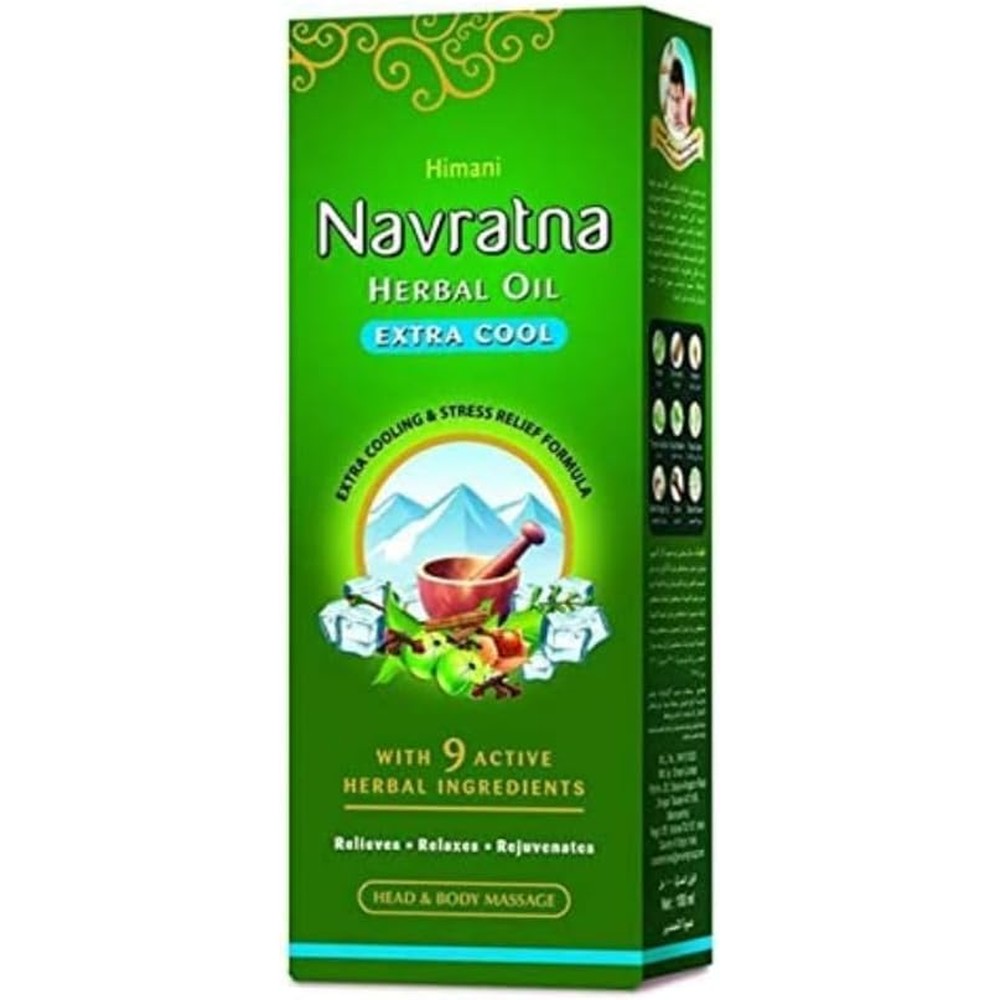 Navratna Ayurvedic Extra Cool Oil 180ml bottle front view showing herbal ingredients for therapeutic massage.