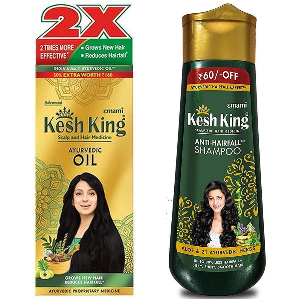 Kesh King Ayurvedic Oil and Shampoo combo pack front view for hair fall treatment.
