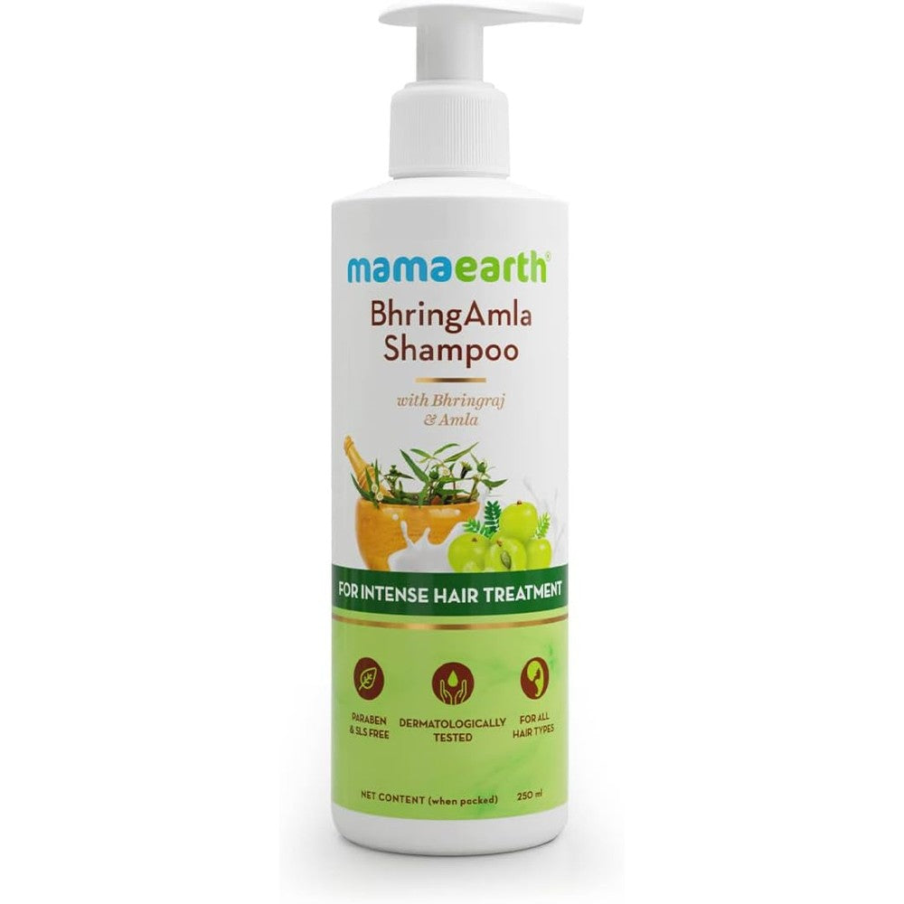 Mamaearth BhringAmla Hair Shampoo 250ml bottle front view for hair fall control.