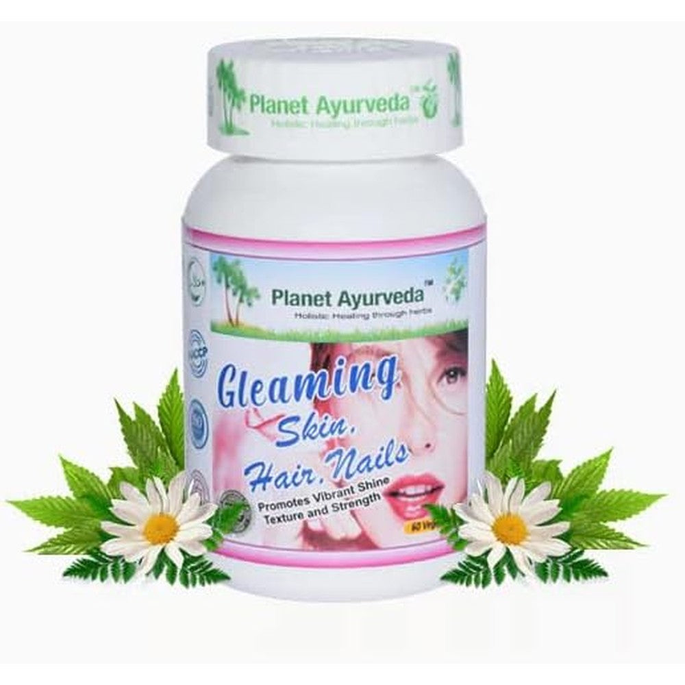 Planet Ayurveda Natural Gleaming Skin Hair Nails Formula 60 Capsules front view bottle for Ayurvedic beauty support.