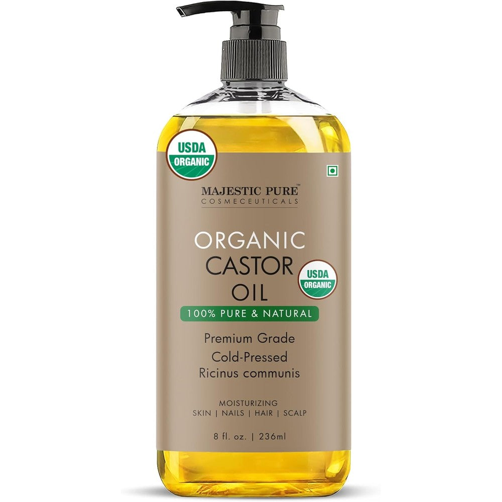 Majestic Pure Organic Castor Oil front view of 8 fluid ounce bottle for hair growth
