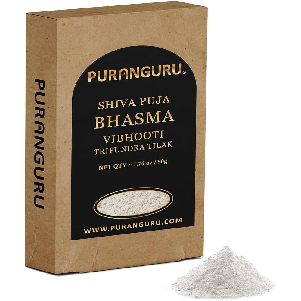 PuranGuru Shiva Puja Bhasma Vibhooti 50g box front view for sacred Hindu rituals.