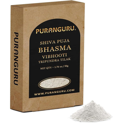 PuranGuru Shiva Puja Bhasma Vibhooti 50g box front view for sacred Hindu rituals.