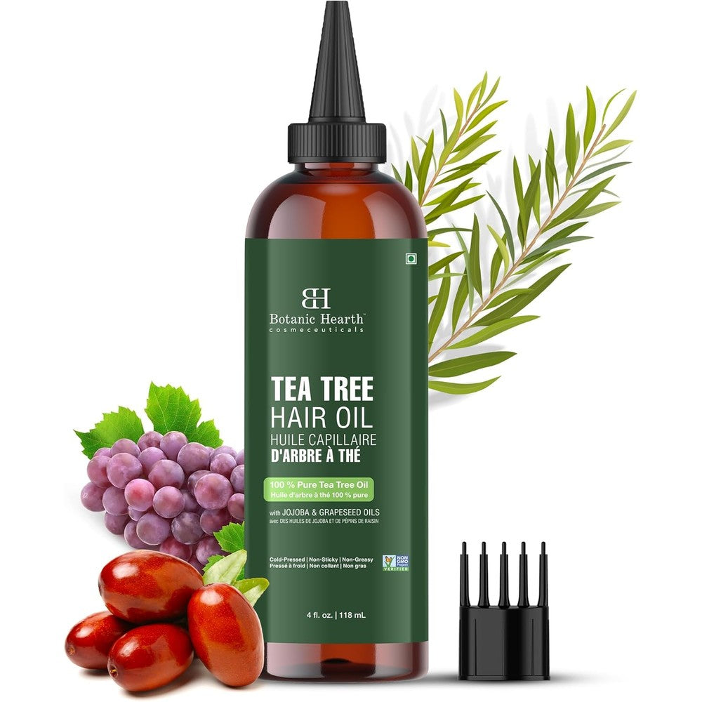 Botanic Hearth Tea Tree Hair Oil front view 4 fluid ounce bottle with comb applicator