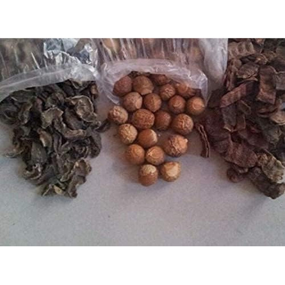 OnMexa Dry Whole Amla Reetha Shikakai herbal hair care combo front view.