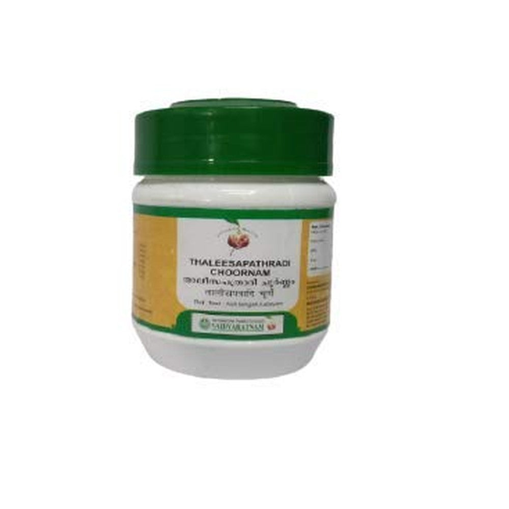 Aswini Pharmaceuticals Thaleesapathradi Choornam 100 gram front view for Ayurvedic cough relief.