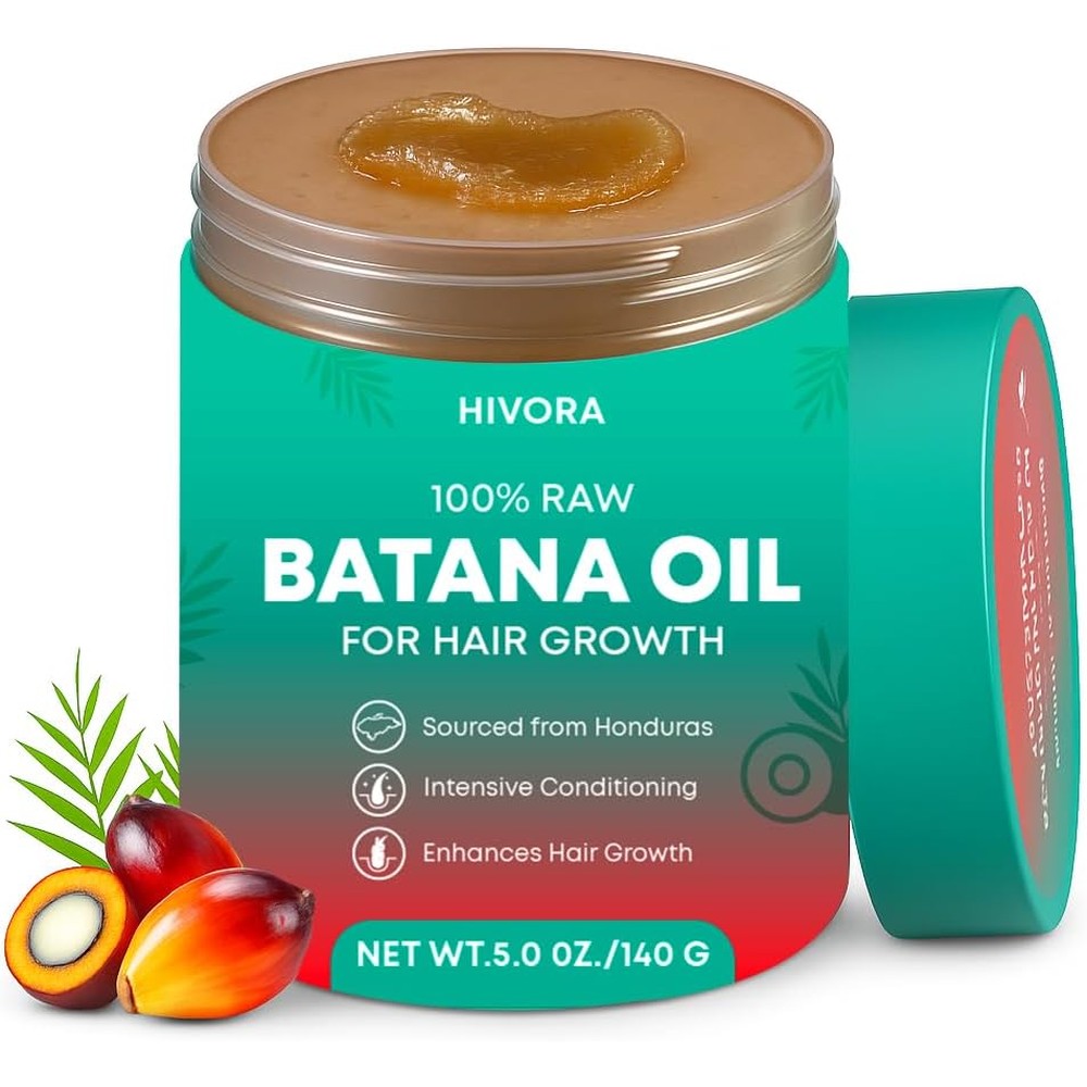 Hivora Raw Batana Oil 5 Ounce jar front view showing organic hair growth formula.