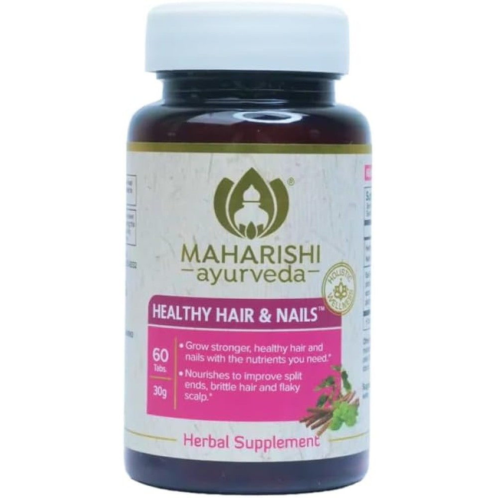Maharishi Ayurveda Healthy Hair and Nails 60 tablets front bottle view for ayurvedic hair growth.