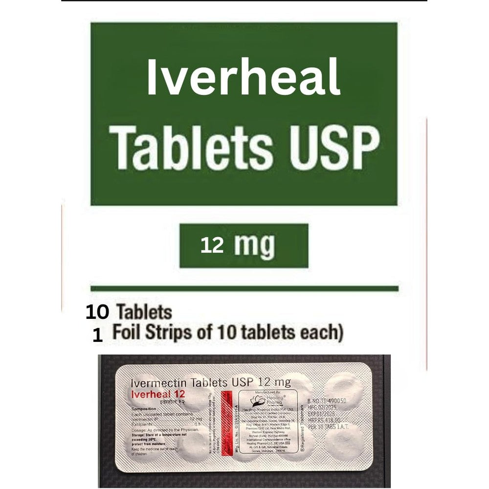 Generic Iverheal 12 mg foil strip front view for parasitic treatment.