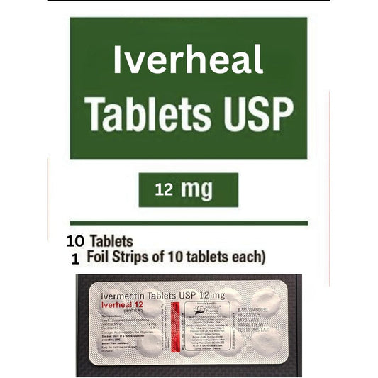 Generic Iverheal 12 mg foil strip front view for parasitic treatment.