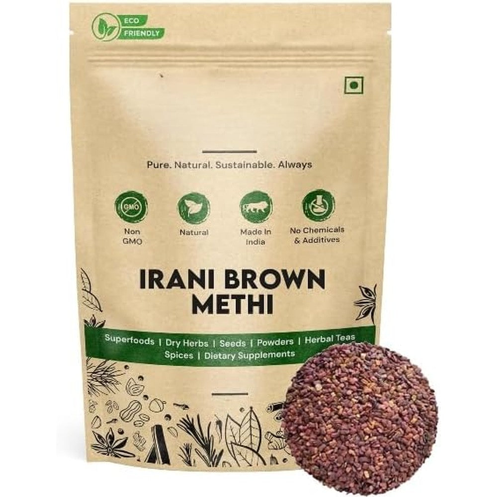 Divozest Irani Methi Brown Fenugreek Seeds 100g pack front view for hair growth and diabetes care