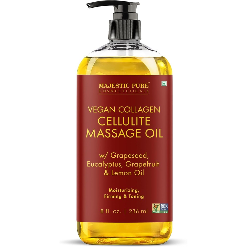 Majestic Pure Firming Body Massage Oil 8 fluid ounce bottle front view for skin tightening.