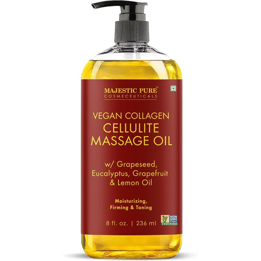 Majestic Pure Firming Body Massage Oil 8 fluid ounce bottle front view for skin tightening.