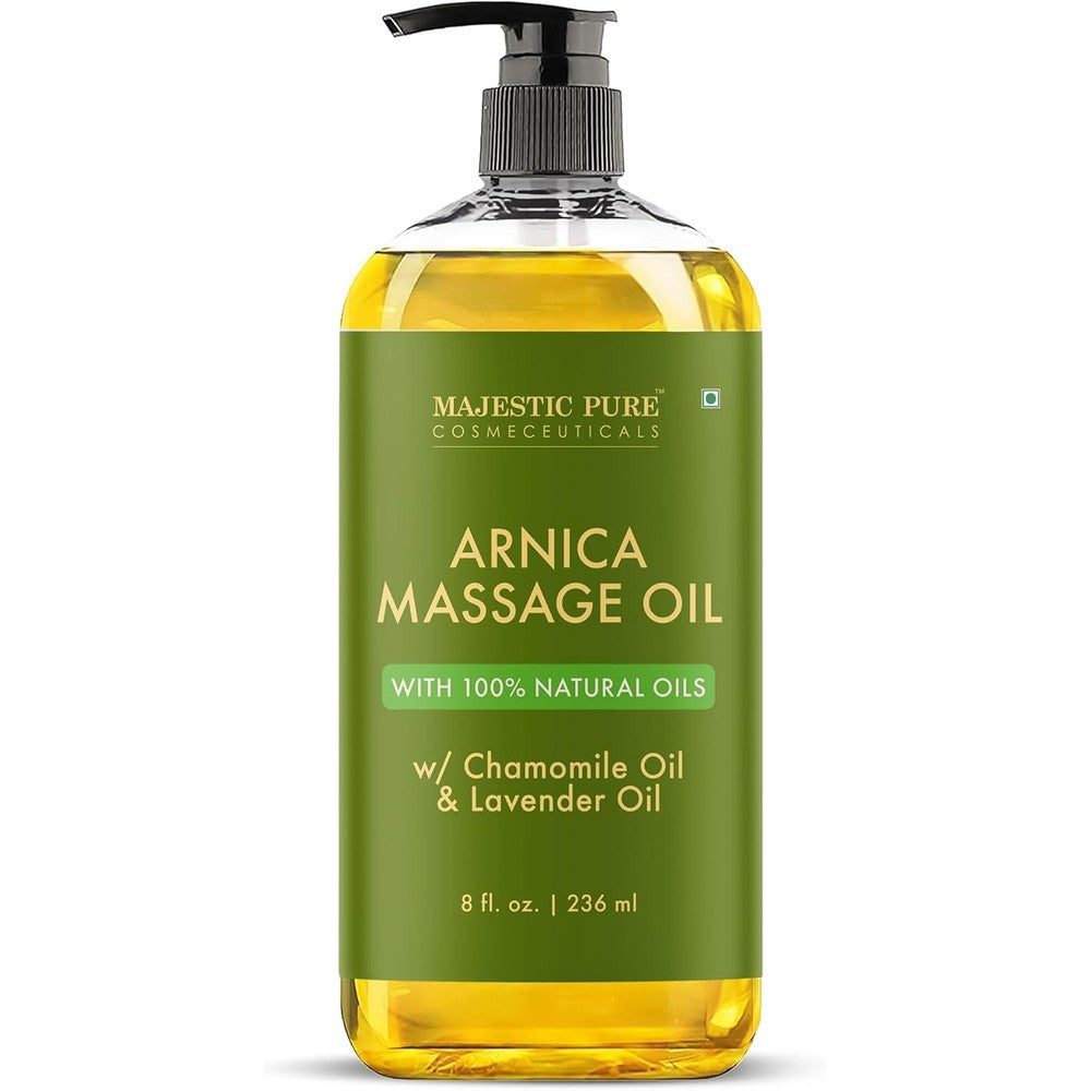 Majestic Pure Arnica Sore Muscle Massage Oil 8 ounce bottle front view for muscle recovery.