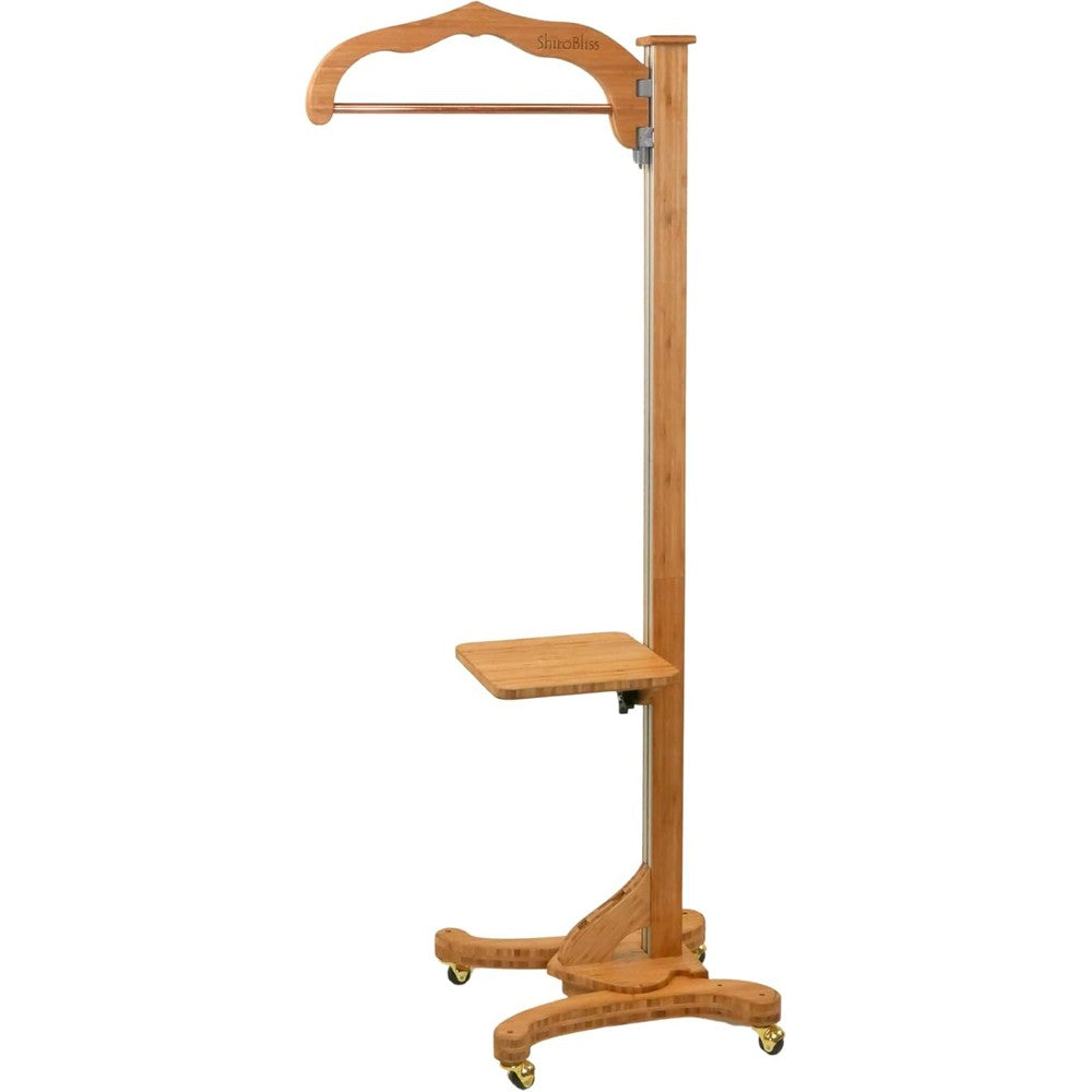 Shirobliss Shirodhara Stand front view with adjustable bamboo arm and wheeled base.
