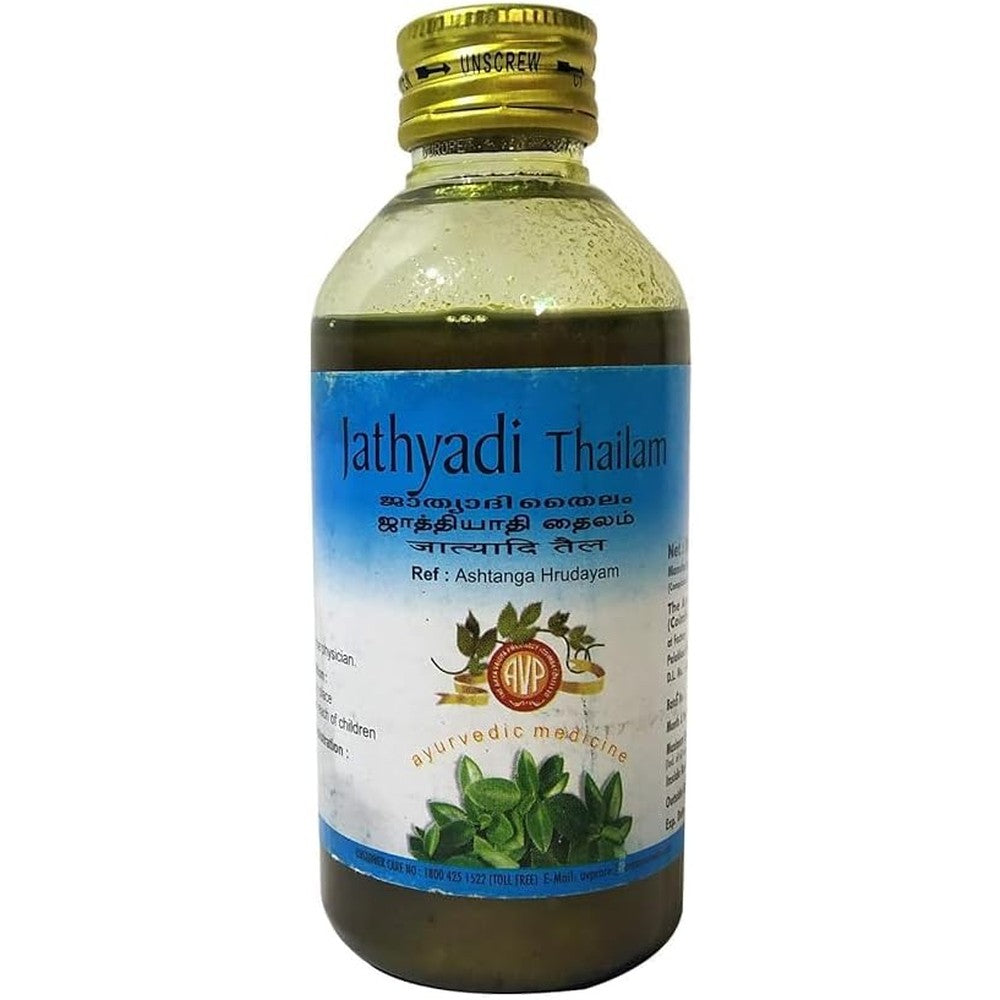 Arya Vaidya Pharmacy AVP Jatyadi Tail 200 ml bottle front view for Ayurvedic wound healing.