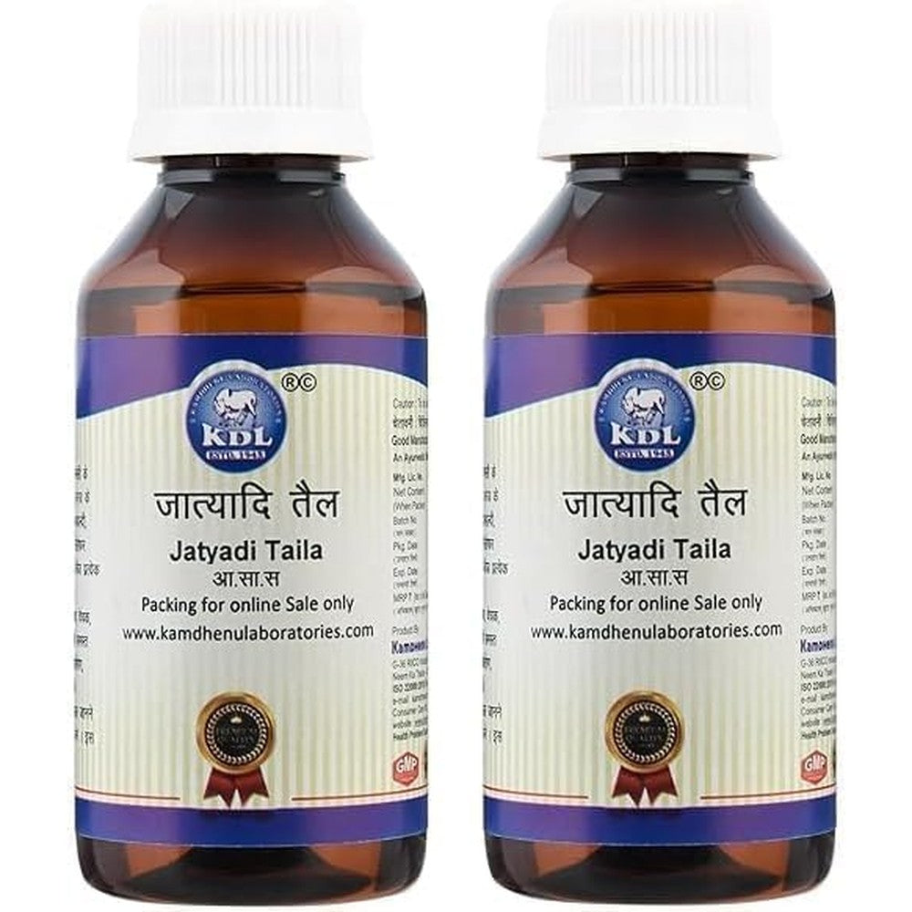 Palveda Jatyadi Taila front view of two pack Ayurvedic wound healing oil.