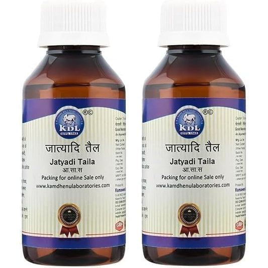 Palveda Jatyadi Taila front view of two pack Ayurvedic wound healing oil.