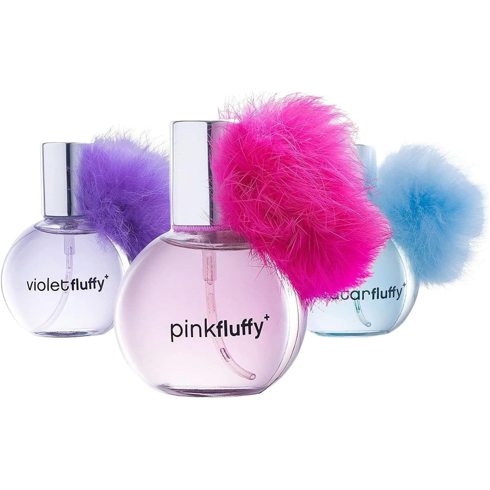 Scented Things Showgirl perfume set front view showing three round bottles with colorful fur pom-poms.