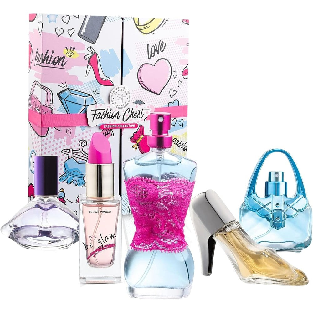 Scented Things Fashion Chest Perfume Set front view showing the double door gift box and five mannequin bottles.