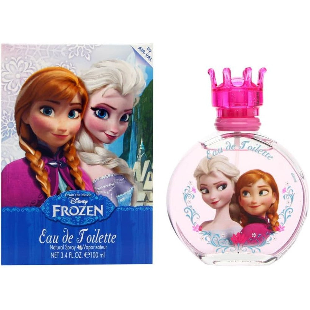 Disney Frozen Eau de Toilette perfume spray for kids front view showing Anna and Elsa bottle with pink crown cap