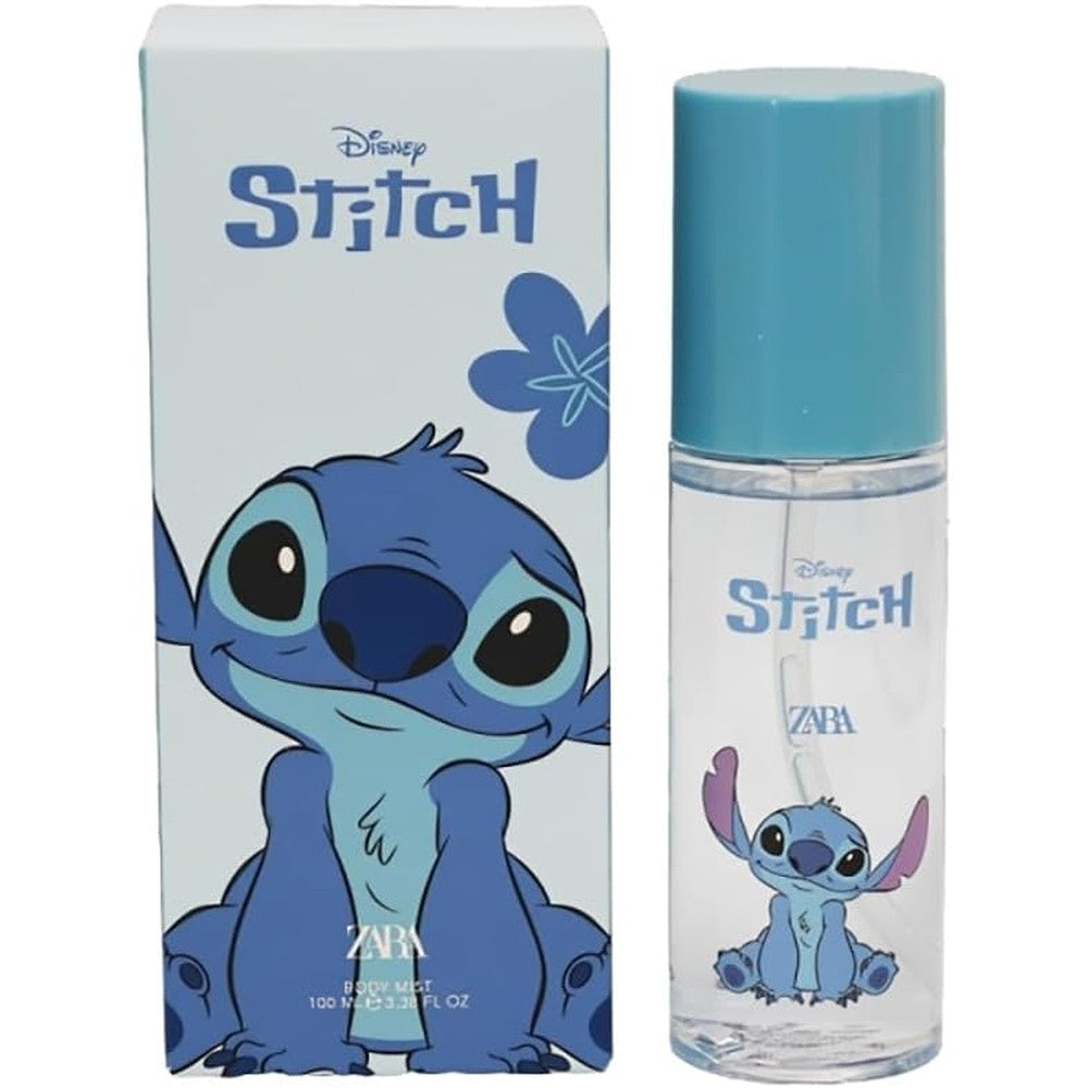 Zara Stitch Kids Body Mist one hundred milliliter front view bottle showing Disney theme packaging.
