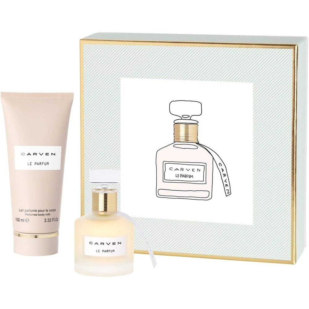 Carven Le Parfum luxury fragrance gift set showing perfume spray and body milk bottles front view