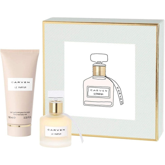 Carven Le Parfum luxury fragrance gift set showing perfume spray and body milk bottles front view