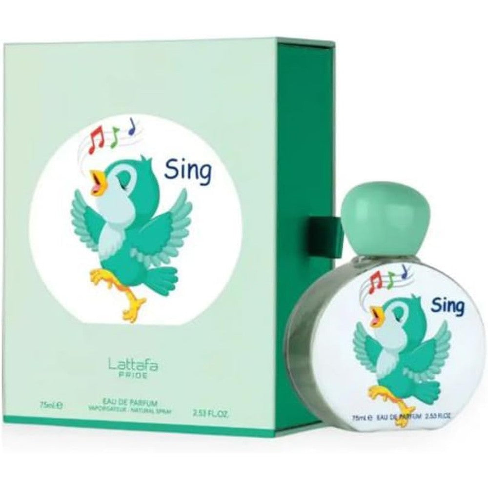 Lattafa Pride Sing for Kids Eau de Parfum front view of the 75ml spray bottle showcasing the distinctive bird illustration packaging.