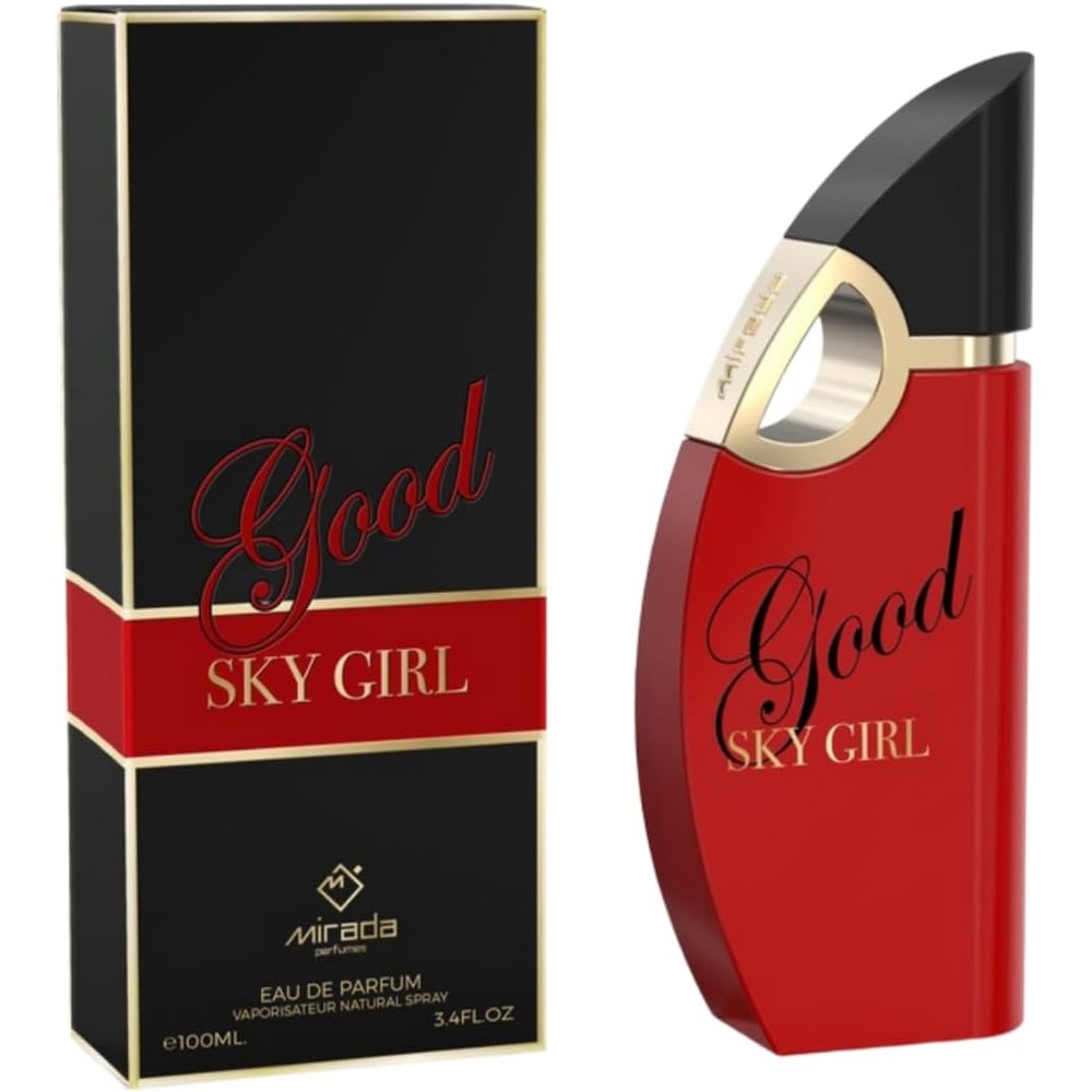 MIRADA Good Sky Girl Eau de Parfum 100ml front view showing the iconic ruby red high heeled shoe bottle design.