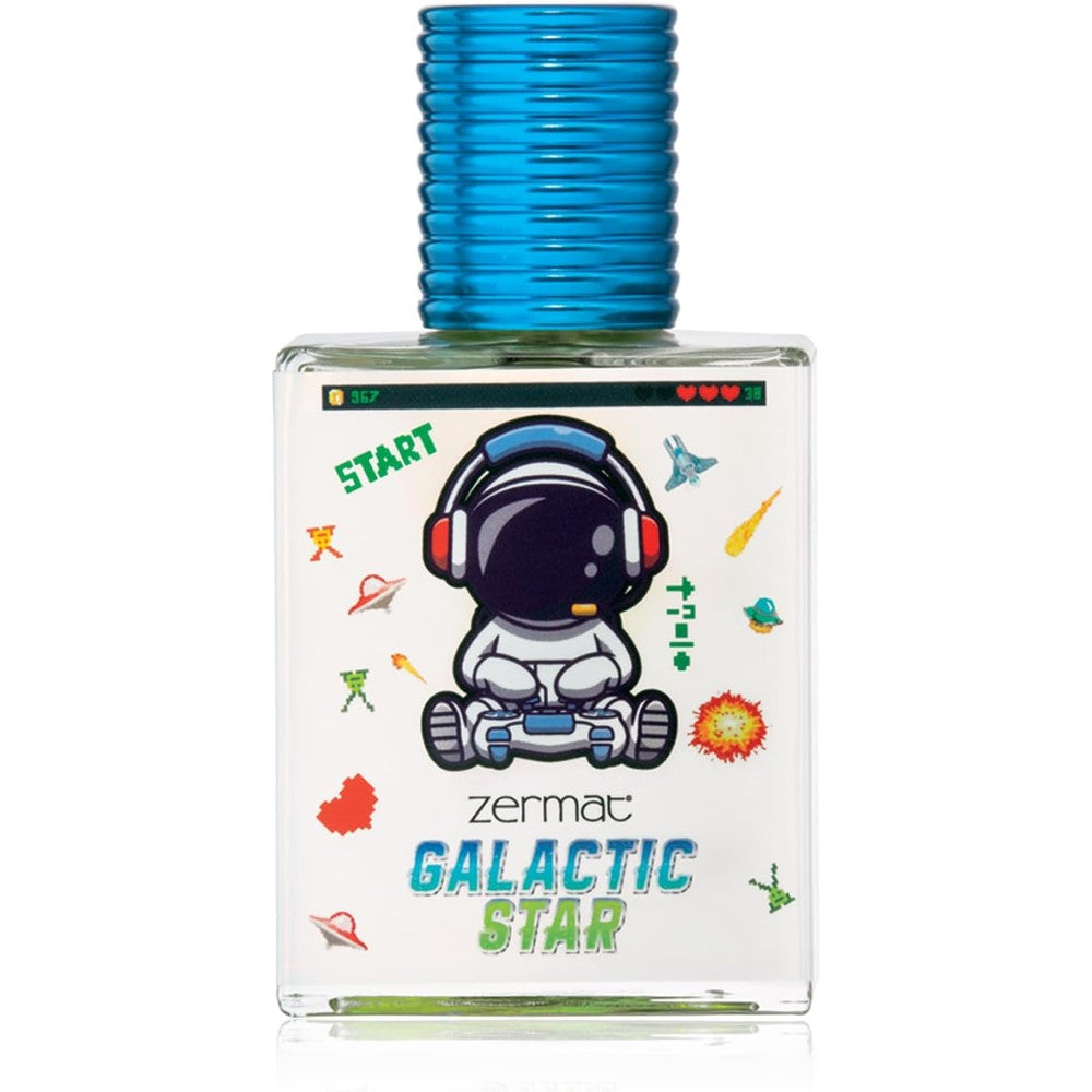 Zermat Galactic Star Eau de Toilette for boys front view showing the playful astronaut and video game graphic.