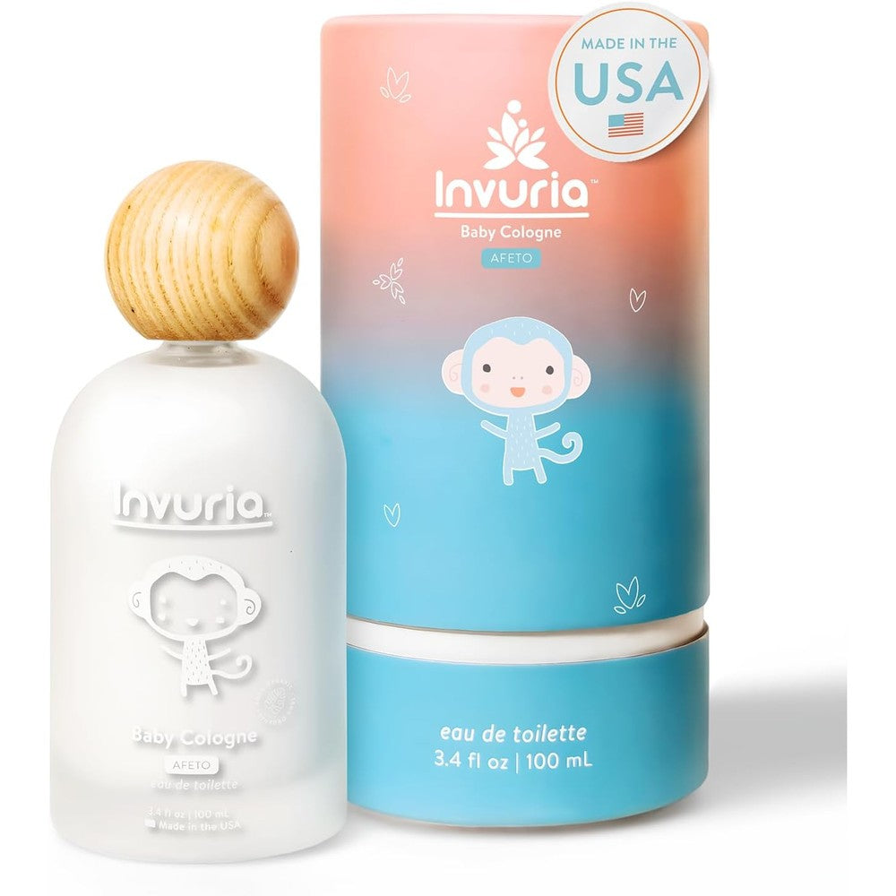Invuria Afeto Baby Cologne front view of the premium pink and blue cylindrical packaging box