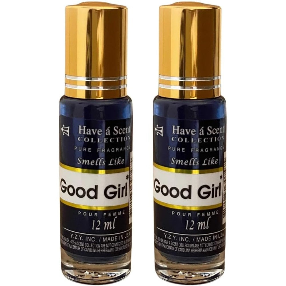 E de B Good Girl inspired perfume roll on oil pack front view showing twin bottles