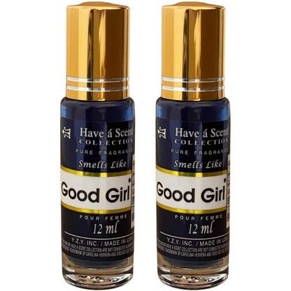 E de B Good Girl inspired perfume roll on oil pack front view showing twin bottles