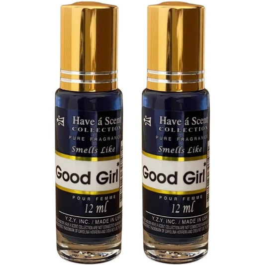 E de B Good Girl inspired perfume roll on oil pack front view showing twin bottles
