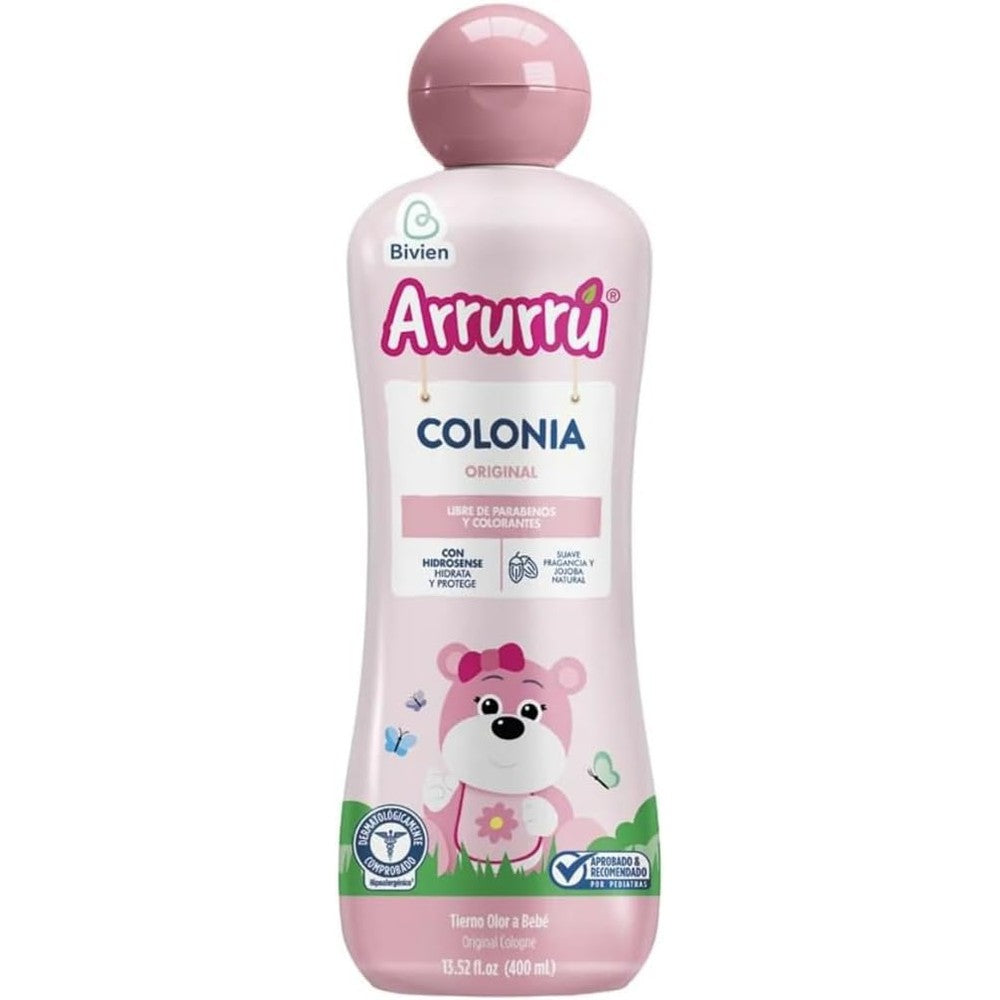 Arrurru Naturals Colonia Original Pink 400ml bottle front view showing authentic baby cologne packaging.