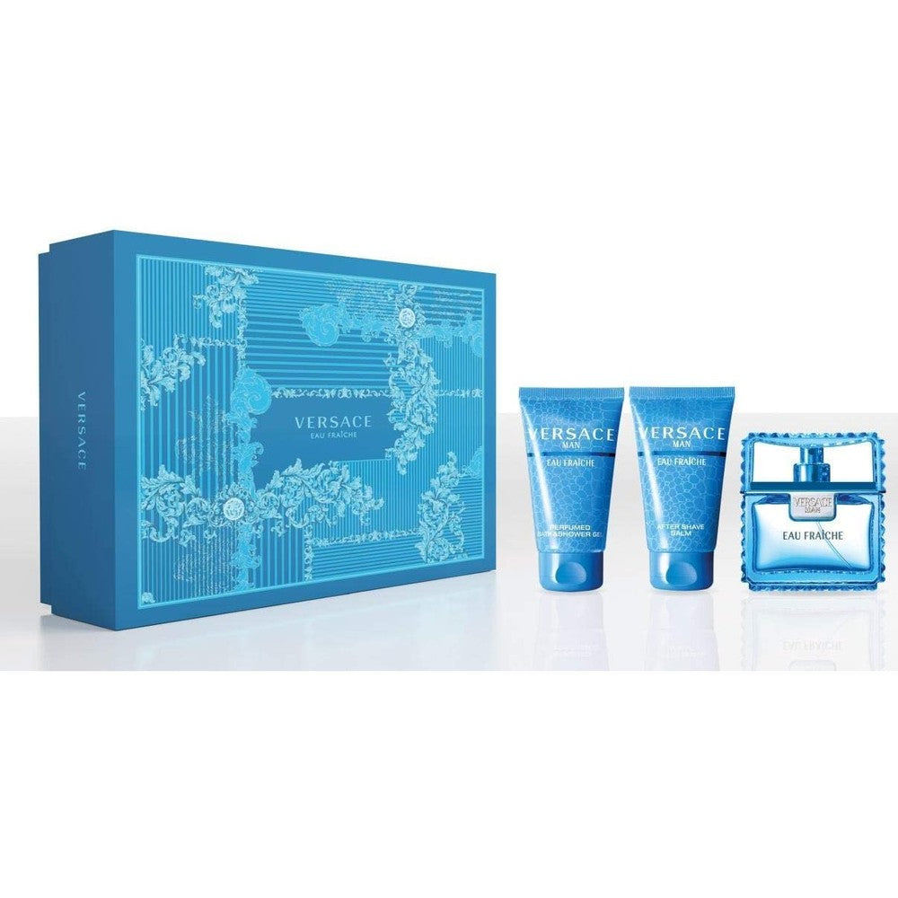 Versace Man Eau Fraiche fragrance gift set front view featuring blue geometric box packaging